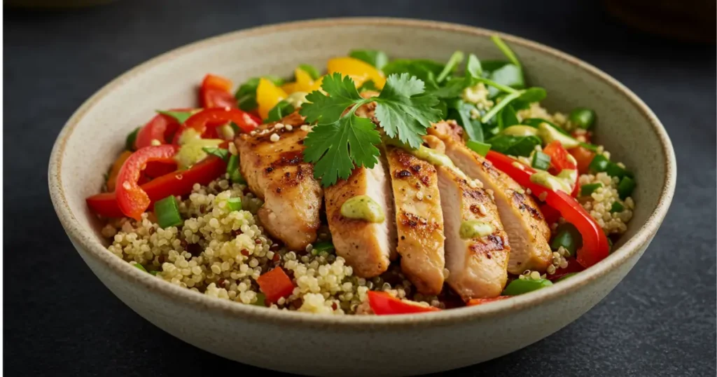 A hearty quinoa bowl with sliced grilled chicken, fresh vegetables like red bell peppers and spinach, garnished with cilantro, sesame seeds, and a drizzle of green dressing.