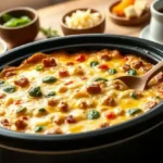 A mouthwatering crockpot breakfast casserole with golden melted cheese, vibrant spinach, diced bell peppers, and savory sausage, served in a black slow cooker with a wooden spoon.