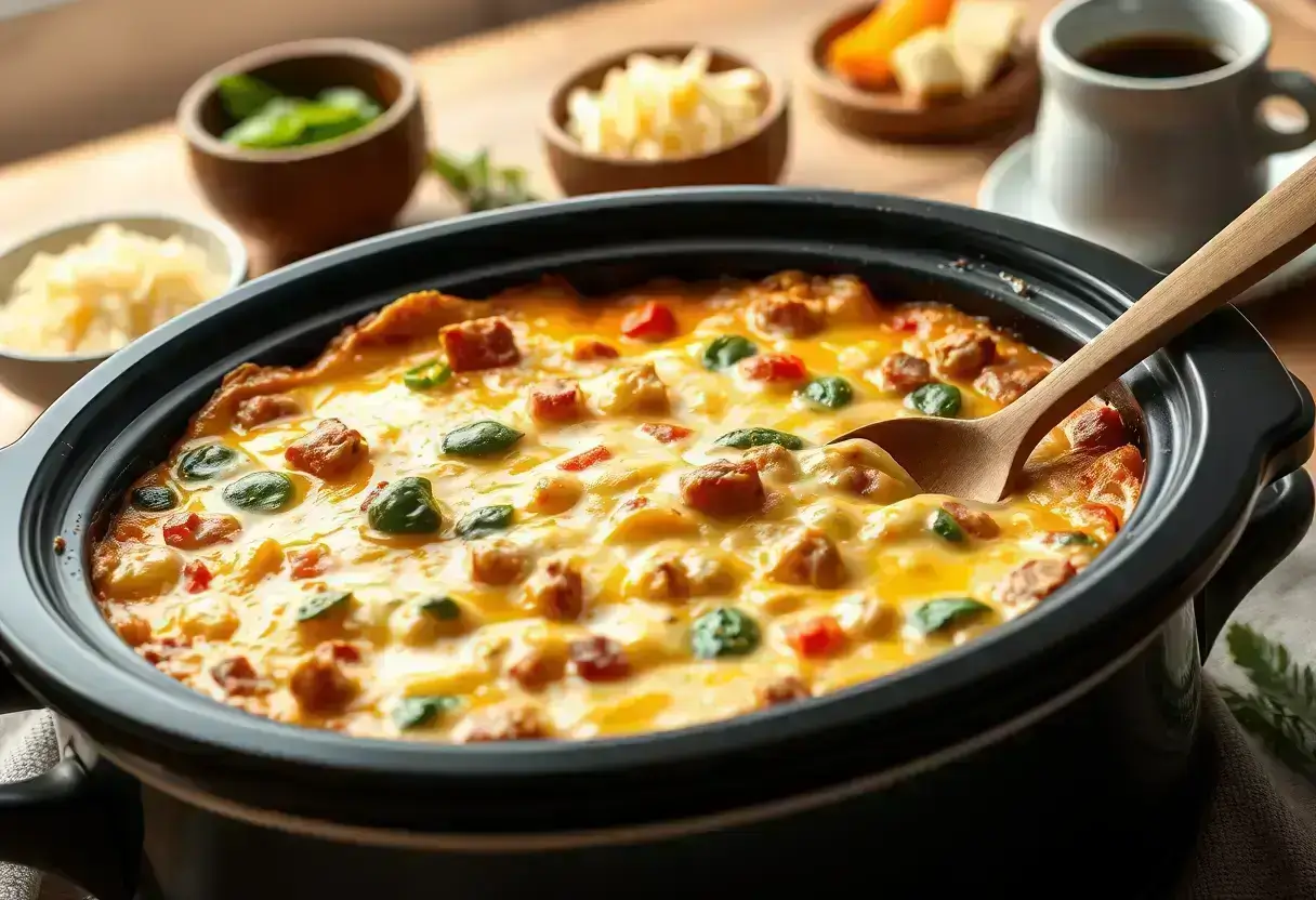 A mouthwatering crockpot breakfast casserole with golden melted cheese, vibrant spinach, diced bell peppers, and savory sausage, served in a black slow cooker with a wooden spoon.