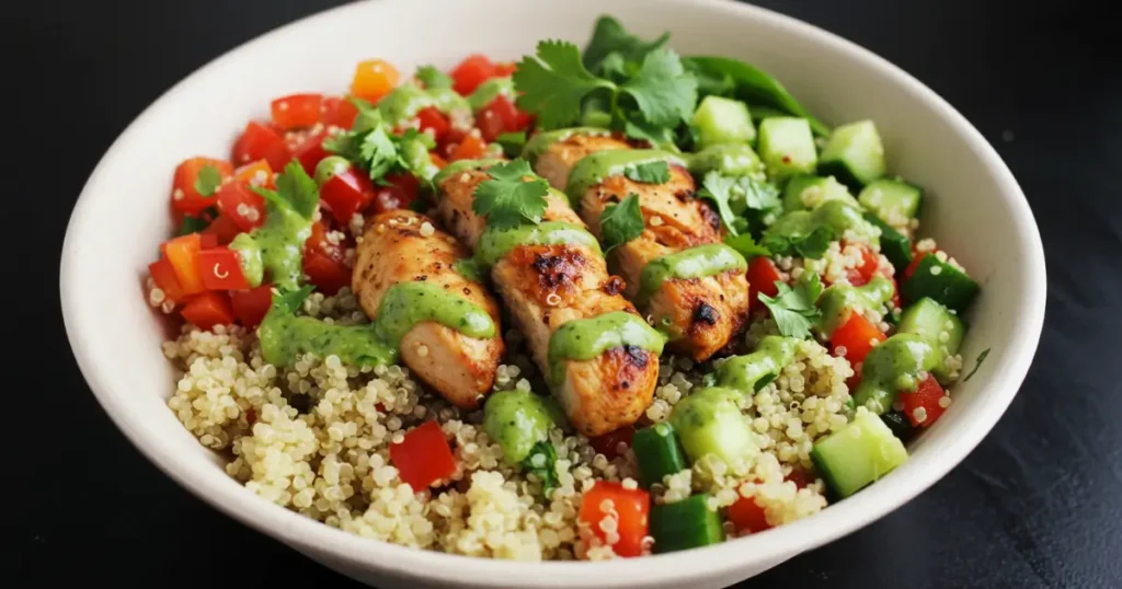 A vibrant quinoa bowl with grilled chicken, diced cucumbers, tomatoes, and fresh cilantro, drizzled with a green herb dressing.