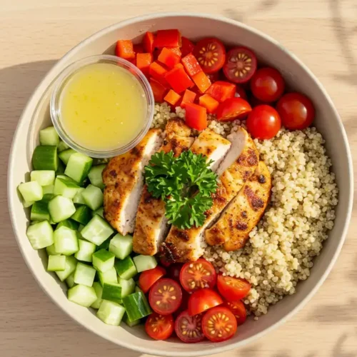 Healthy quinoa bowl with grilled chicken, red bell peppers, cucumber, cherry tomatoes, parsley, and lemon-garlic dressing, styled on a wooden surface.